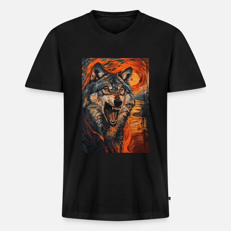 Wolf - Männer Premium Bio T-Shirt mit V-Ausschnitt - Schwarz