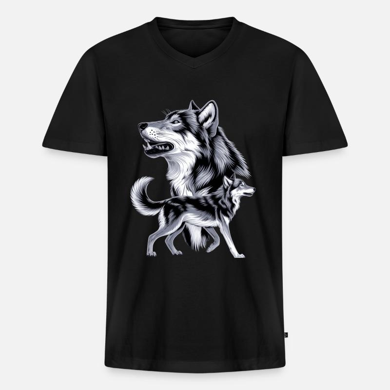 Wolf - Männer Premium Bio T-Shirt mit V-Ausschnitt - Schwarz