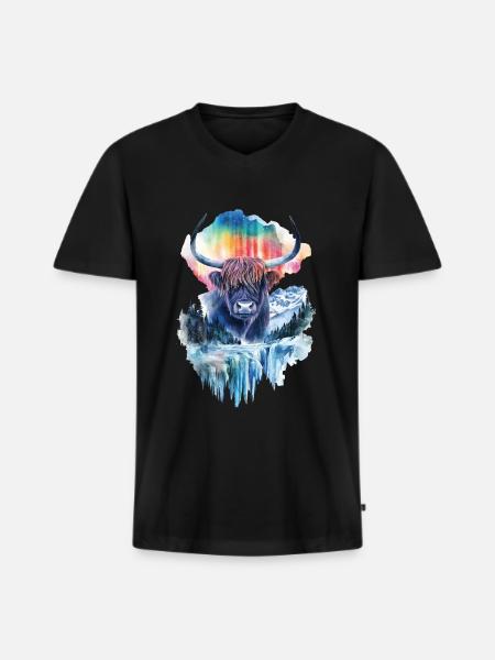 Hochlandrind - Männer Premium Bio T-Shirt mit V-Ausschnitt - Schwarz