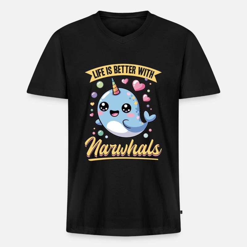 Narwhal Chibi Kawaii - Männer Premium Bio T-Shirt mit V-Ausschnitt - Schwarz