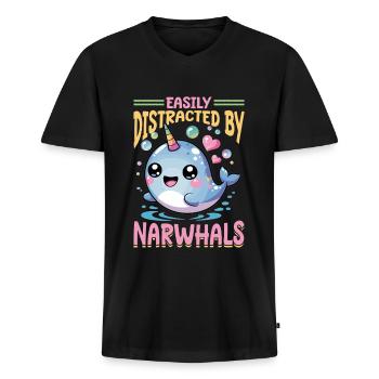 Narwhal Chibi Kawaii - Männer Premium Bio T-Shirt mit V-Ausschnitt - Schwarz - Vorne - Nico (187cm)
