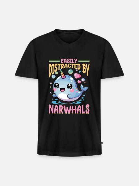 Narwhal Chibi Kawaii - Männer Premium Bio T-Shirt mit V-Ausschnitt - Schwarz