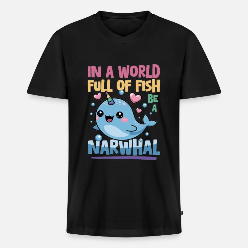 Narwhal Chibi Kawaii - Männer Premium Bio T-Shirt mit V-Ausschnitt - Schwarz