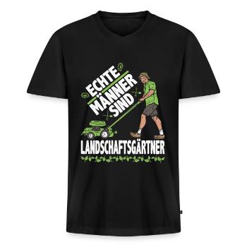 Landschaftsgärtner Spruch Gartenbau Rasenmäher - Männer Premium Bio T-Shirt mit V-Ausschnitt - Schwarz - Vorne - Nico (187cm)