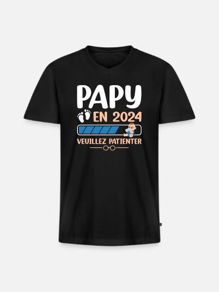 Papy En 2024 Veuillez Patienter - T-shirt encolure en V Premium bio Homme - noir