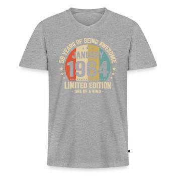 59 Ans Janvier 1964 Anniversaire Cadeau Vintage - T-shirt encolure en V Premium bio Homme - gris chiné - Devant
