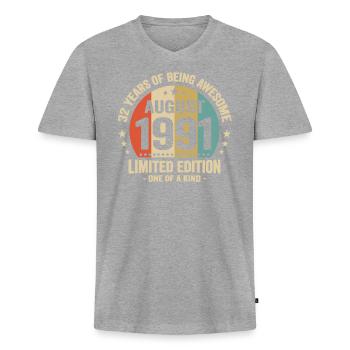 August 1991 32 Jahre Jubiläumsgeschenk - Männer Premium Bio T-Shirt mit V-Ausschnitt - Grau meliert - Vorne