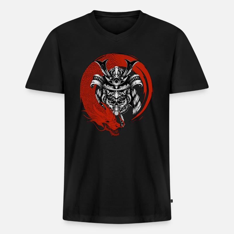 Samurai und Drache - Männer Premium Bio T-Shirt mit V-Ausschnitt - Schwarz