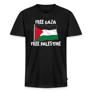 Liberté pour Gaza et la Palestine - T-shirt encolure en V Premium bio Homme - noir - Devant - Nico (187cm)