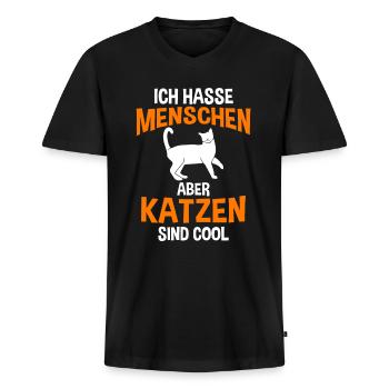 Ich hasse Menschen aber Katzen sind toll - Männer Premium Bio T-Shirt mit V-Ausschnitt - Schwarz - Vorne - Nico (187cm)