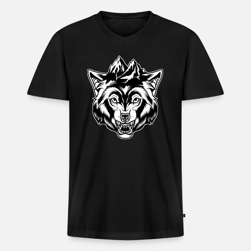 Wolf - Männer Premium Bio T-Shirt mit V-Ausschnitt - Schwarz