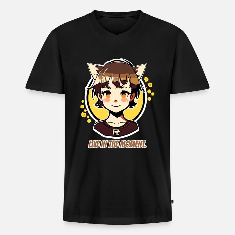 Lebe im Moment, Katzen-mädchen - Männer Premium Bio T-Shirt mit V-Ausschnitt - Schwarz