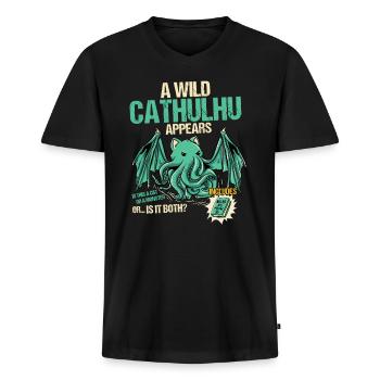 A wild cathulhu appears - Kawaii - Men's Premium Organic T-shirt with V-neck - black - Front - Nico (187cm)