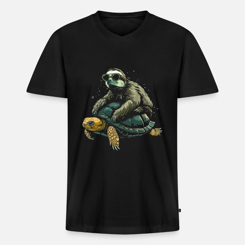 Faultier Schildkröte Lustig Geschenk - Männer Premium Bio T-Shirt mit V-Ausschnitt - Schwarz
