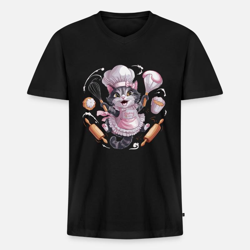 Liebenswerte Katze beim Backen - Männer Premium Bio T-Shirt mit V-Ausschnitt - Schwarz