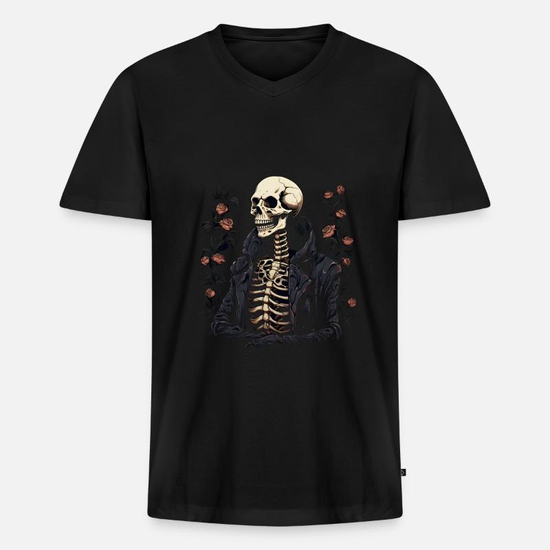 Halloween Skelett Mit Rosen - Männer Premium Bio T-Shirt mit V-Ausschnitt - Schwarz