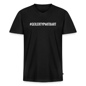 #geilertypmitbart - Männer Premium Bio T-Shirt mit V-Ausschnitt - Schwarz - Vorne - Nico (187cm)
