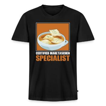 Certified Maultaschen Specialist Herrgottsbescheiß - Männer Premium Bio T-Shirt mit V-Ausschnitt - Schwarz - Vorne - Nico (187cm)