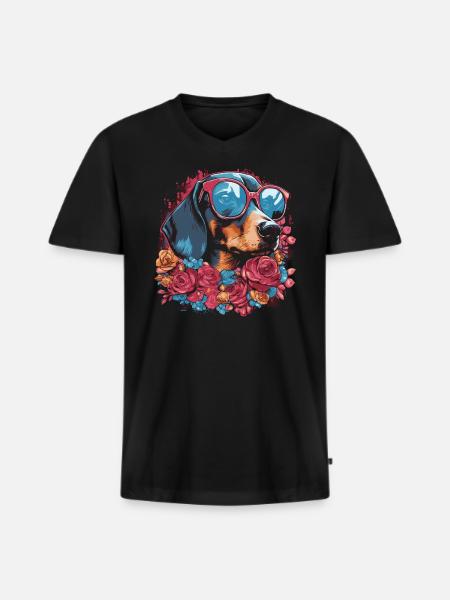 Flower dachshund - Men's Premium Organic T-shirt with V-neck - black