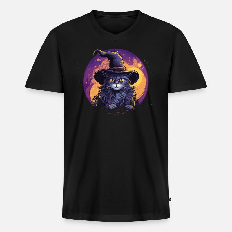 Schwarze Katze mit Hexenhut - Männer Premium Bio T-Shirt mit V-Ausschnitt - Schwarz