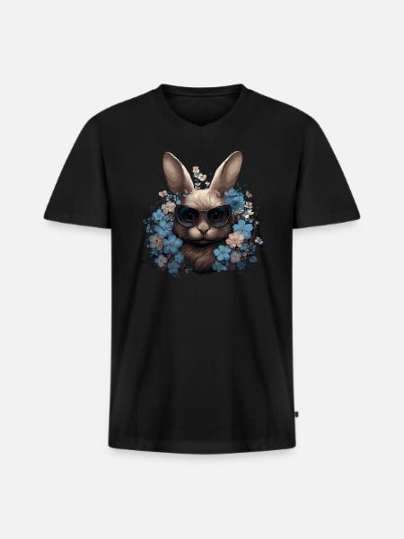 Cool rabbit with flowers - Men's Premium Organic T-shirt with V-neck - black
