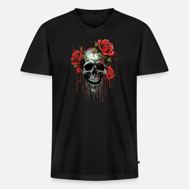 Blumenschädel - Männer Premium Bio T-Shirt mit V-Ausschnitt - Schwarz