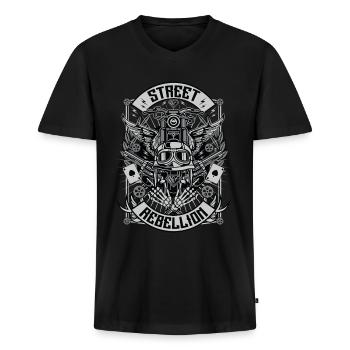 Rue rébellion Motard Rocker Outlaw - T-shirt encolure en V Premium bio Homme - noir - Devant - Nico (187cm)