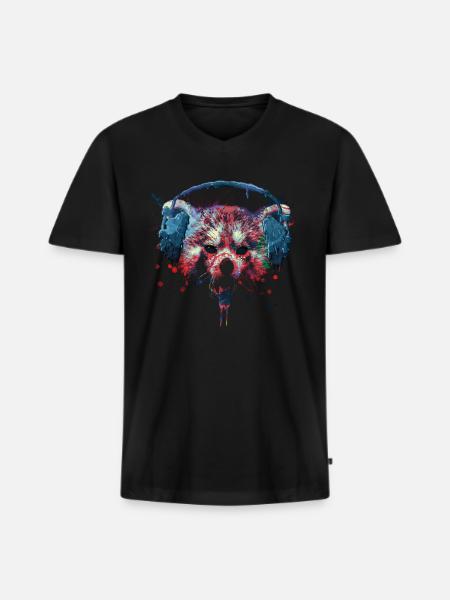 Creepy Halloween Red Panda with headphones - Men's Premium Organic T-shirt with V-neck - black