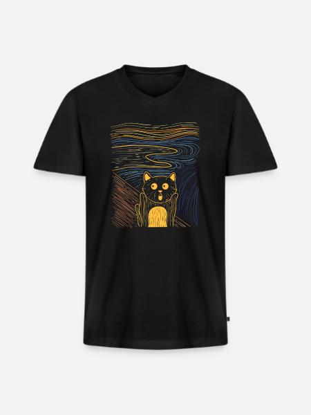 Der Schrei Gemälde Katze Kunst Parodie - Männer Premium Bio T-Shirt mit V-Ausschnitt - Schwarz