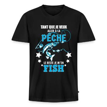 Pêcheur humour Citation Cadeau Homme Pêche - T-shirt encolure en V Premium bio Homme - noir - Devant - Nico (187cm)