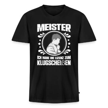 Meister Ich Habe Die Lizenz Zum Klugscheißen - Männer Premium Bio T-Shirt mit V-Ausschnitt - Schwarz - Vorne - Nico (187cm)