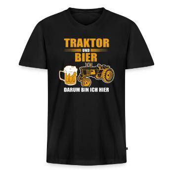 Traktor und Bier darum bin ich hier Landwirt Bauer - Männer Premium Bio T-Shirt mit V-Ausschnitt - Schwarz - Vorne - Nico (187cm)