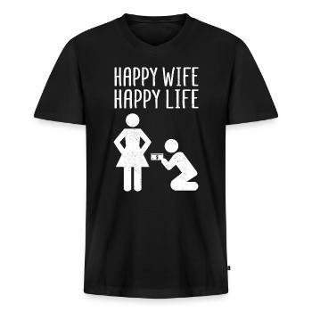 Happy Wife - Happy Life - Ehe und Hochzeit - Männer Premium Bio T-Shirt mit V-Ausschnitt - Schwarz - Vorne - Nico (187cm)