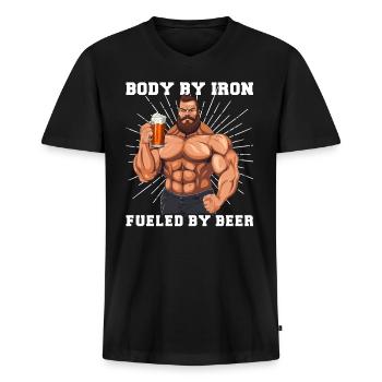Bodybuilder Gym Bier | Body by iron - Männer Premium Bio T-Shirt mit V-Ausschnitt - Schwarz - Vorne - Nico (187cm)