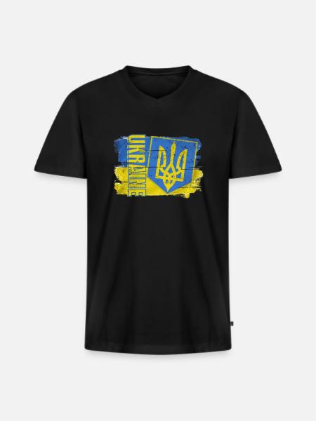 Oekraïne Oekraïense Vlag Trident Wapenschild - Mannen Premium Bio T-shirt met V-hals - zwart