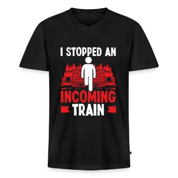 Leg Amputee an incoming Train Funny Amputated Leg - Men's Premium Organic T-shirt with V-neck - black - Front - Nico (187cm)
