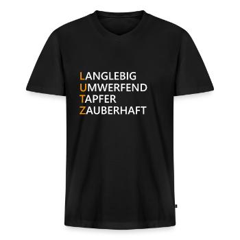 Lutz Name Geschenk - Männer Premium Bio T-Shirt mit V-Ausschnitt - Schwarz - Vorne - Nico (187cm)