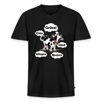 Swiss Cow - Grüezi Salut Ciao - Switzerland Travel - Men's Premium Organic T-shirt with V-neck - black - Front - Nico (187cm)