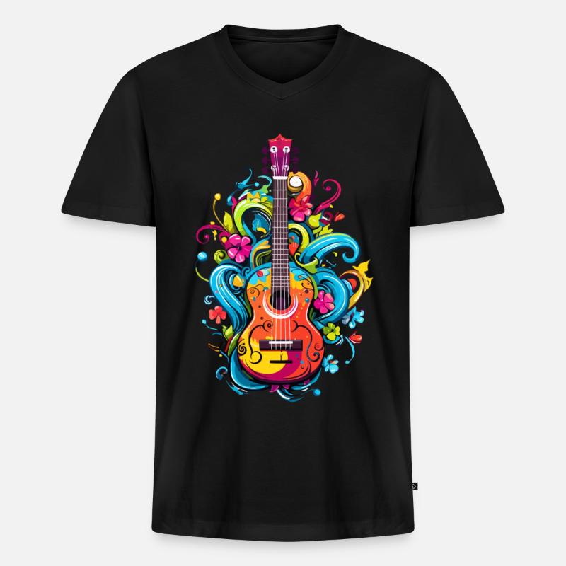 Bunte Ukulele mit Blumen - Männer Premium Bio T-Shirt mit V-Ausschnitt - Schwarz