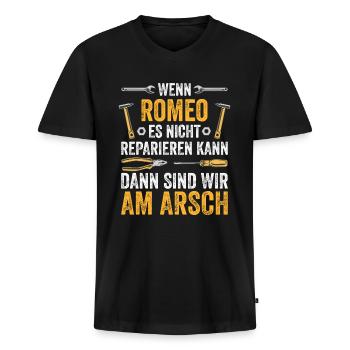 Lustiges Romeo Handwerker Heimwerker Sprüche - Männer Premium Bio T-Shirt mit V-Ausschnitt - Schwarz - Vorne - Nico (187cm)