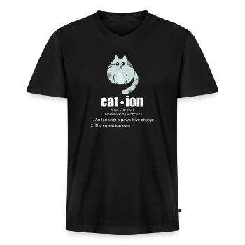 Cation Cat Science Pun Chemistry Nerd Geek - Men's Premium Organic T-shirt with V-neck - black - Front - Nico (187cm)