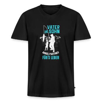 Vater und Sohn Angelpartner fürs Leben - Männer Premium Bio T-Shirt mit V-Ausschnitt - Schwarz - Vorne - Nico (187cm)