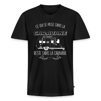 Caravane humour ce qui se passe dans la caravane - T-shirt encolure en V Premium bio Homme - noir - Devant - Nico (187cm)