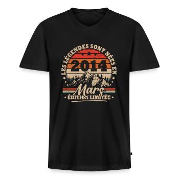 Vintage Cadeau Anniversaire Nées En Mars 2014 - T-shirt encolure en V Premium bio Homme - noir - Devant - Nico (187cm)