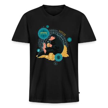Phantastische Tierwesen Niffler Münzen - Männer Premium Bio T-Shirt mit V-Ausschnitt - Schwarz - Vorne - Nico (187cm)