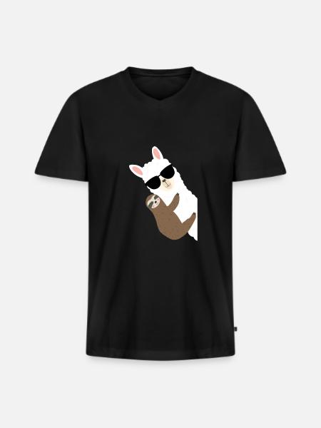 Alpaca sloth hugging - Men's Premium Organic T-shirt with V-neck - black