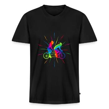 Tandem vélo cyclisme arc-en-ciel Couple - T-shirt encolure en V Premium bio Homme - noir - Devant - Nico (187cm)