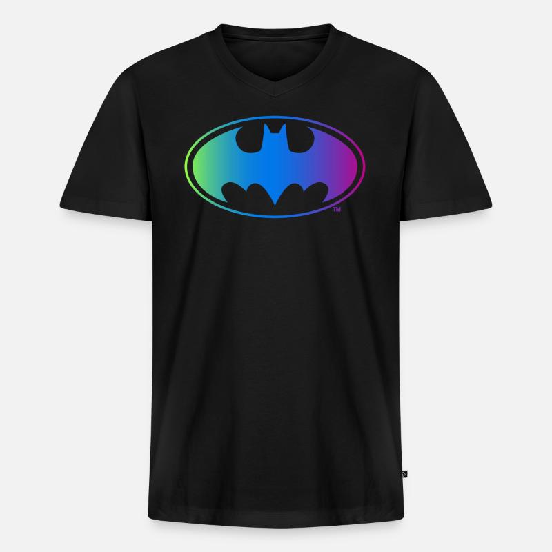 Batman Neon Logo bunt - Männer Premium Bio T-Shirt mit V-Ausschnitt - Schwarz