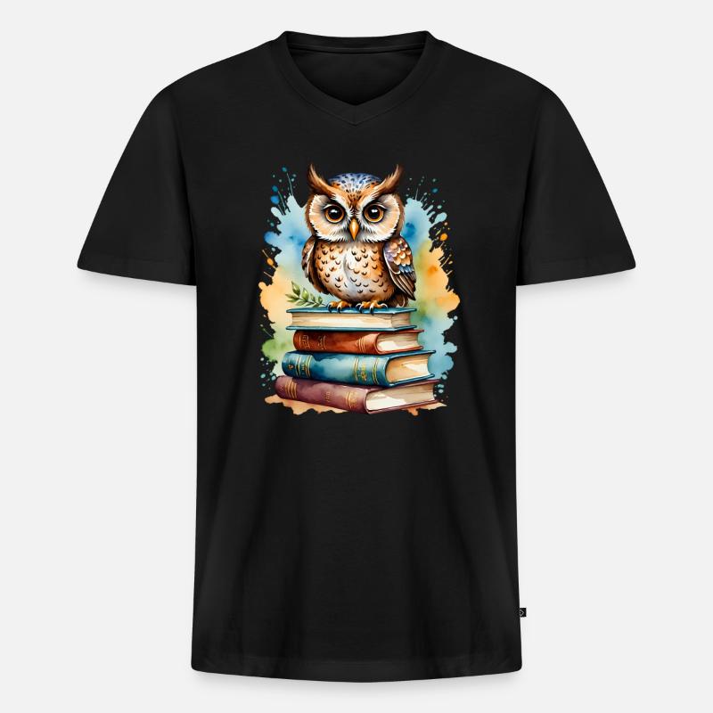 Büchereule bunt Aquarell - Männer Premium Bio T-Shirt mit V-Ausschnitt - Schwarz