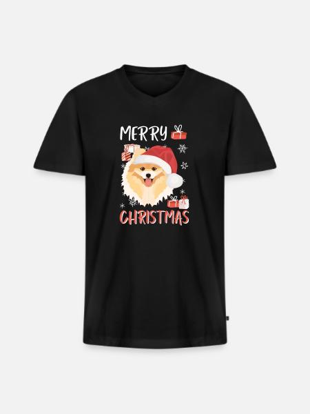 Pomeranian Merry Christmas - Men's Premium Organic T-shirt with V-neck - black